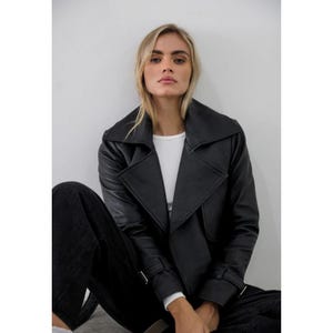 Oversized Black Leather Bomber Jacket: Handmade Women&#39;s Moto Outerwear
