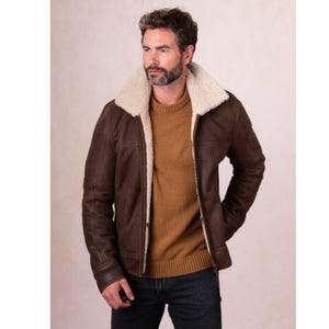 Men’s Brown Shearling Leather Jacket | Real Sheepskin Aviator Bomber with Fur Collar | Handmade Winter Flight Coat for Him