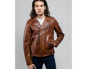 Handmade Distressed Brown Sheepskin Leather Biker Jacket