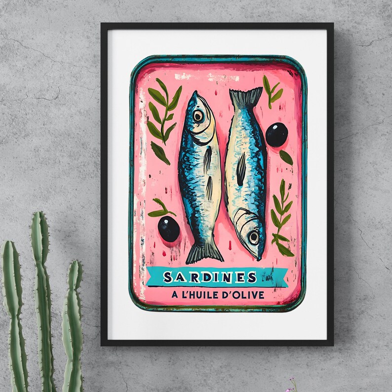 May include: A vintage-style illustration of a can of sardines in olive oil. The can is pink with blue and green accents. The label reads "SARDINES A L'HUILE D'OLIVE".