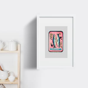 May include: A vintage-style illustration of a pink can of sardines in oil. The can has a blue label with the text "SARDINES A L'HUILE D'OLIVE" and features two sardines and a black olive.