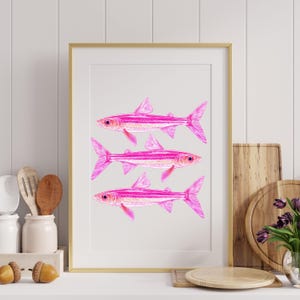 Sardines Print Pink Sardine Tin Vintage Poster Retro Sardine Wall Art Fish Print Eclectic Wall Art Colorful Kitchen Art Maximalist Poster