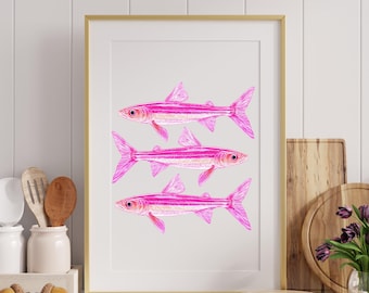 Sardines Print Pink Sardine Tin Vintage Poster Retro Sardine Wall Art Fish Print Eclectic Wall Art Colorful Kitchen Art Maximalist Poster