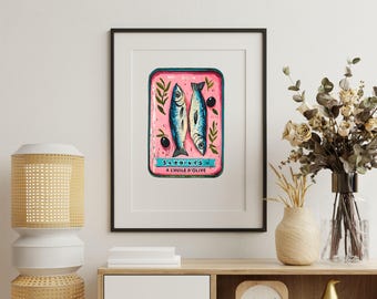Sardines Print Pink Sardine Tin Vintage Poster Retro Sardine Wall Art Fish Print Eclectic Wall Art Colorful Kitchen Art Maximalist Poster