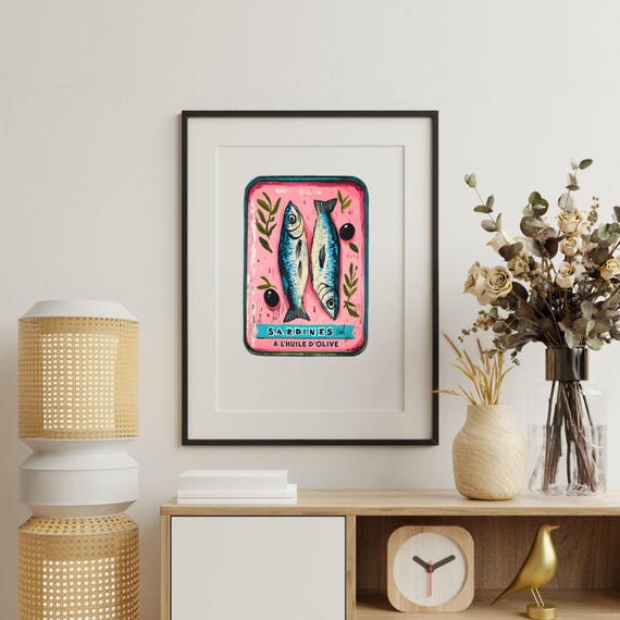 Sardines Print Pink Sardine Tin Vintage Poster Retro Sardine Wall Art Fish Print Eclectic Wall Art Colorful Kitchen Art Maximalist Poster
