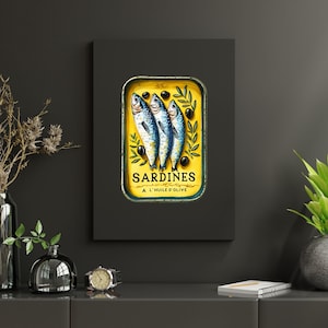 Sardines Print Yellow Sardine Tin Vintage Poster Retro Sardine Wall Art Fish Print Eclectic Wall Art Colorful Kitchen Art Maximalist Poster