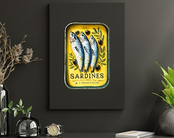 Sardines Print Yellow Sardine Tin Vintage Poster Retro Sardine Wall Art Fish Print Eclectic Wall Art Colorful Kitchen Art Maximalist Poster
