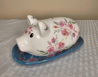 Retro keramische spaarpotje | Wit met roze en blauwe bloemen | Keukendecor met figuratief dier | Landelijke boerderij servies