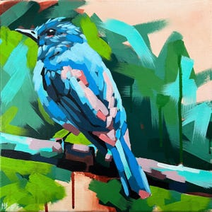 Blue Bird Giclee Art Print: Impressionist Colorful Wall Decor