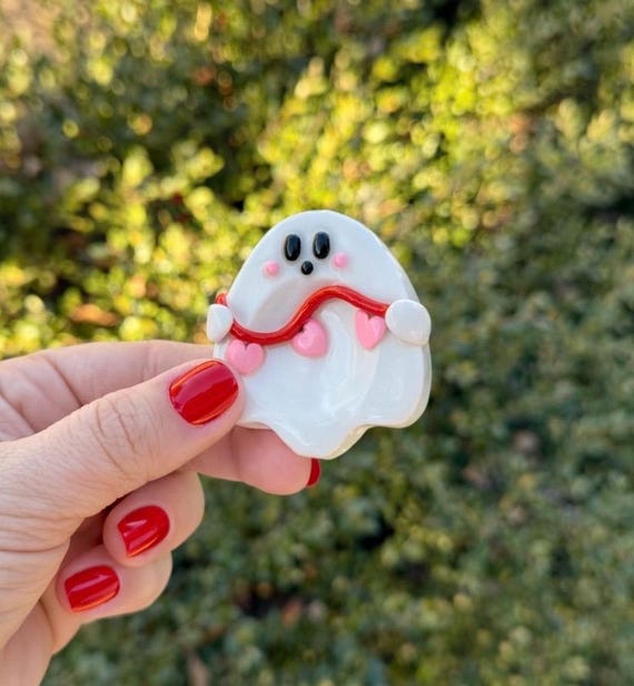 Valentines Ghost With Hearts Worry Stone | Sensory Toy | Stress Relief Stone | Polymer Clay Worry Stone | Fidget Toy