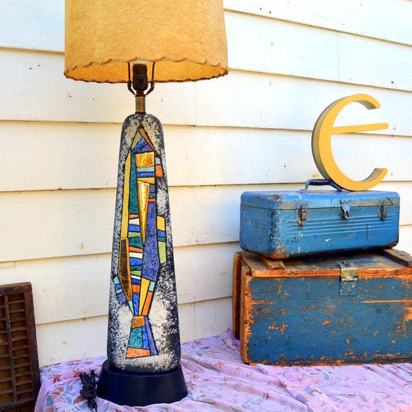 Vintage Midcentury Mosaic Ceramic Lamp: Large, Tall MCM Fine Art Pottery, EXC Condition + Period Shade -- Tile Fish Motif Font & Back Sides