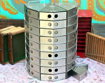 Unusual Vintage Industrial Modular Organizer Cabinet: Stainless Steel Triangular Science Laboratory Shelves / Drawers in Moveable Towers