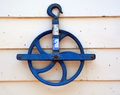 5 Curved Spoke Rigging Pulley Large Reclaimed Industrial Salvage Factory or Barn Hoist Blue Cast Iron Hanging Wheel with Hook