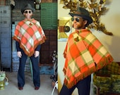Orange Green Plaid Wool Poncho Large Bright Multicolor Tartan Scarf Shawl Throw Outerwear Winter Wrap - Fringed Edges, Exc. Cond.