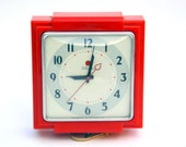 Vintage Red Telechron Dinette Clock Square, Silver Border, Works Electric Midcentury Art Deco Wall Hanging Bakelite Chrome Model 2H25