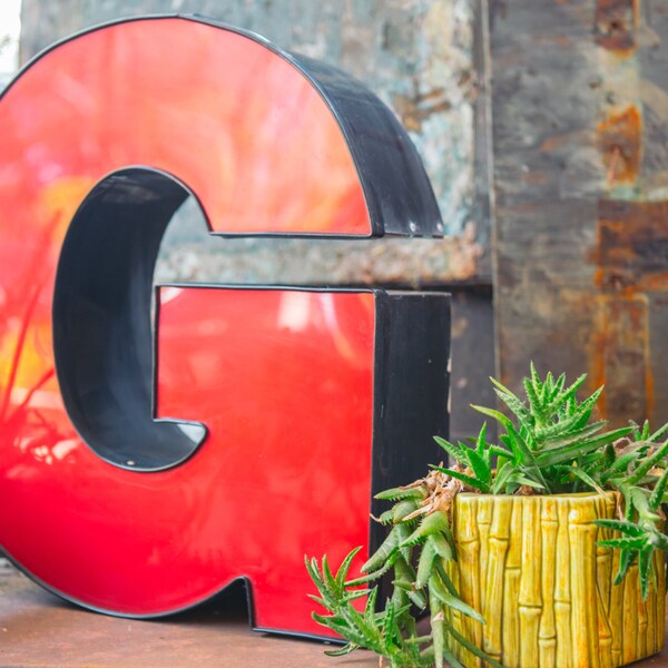 Vintage Marquee Sign Letter Capital 'G': Large Scarlet Red Wall Hanging Initial - Industrial Neon Channel Advertising Salvage