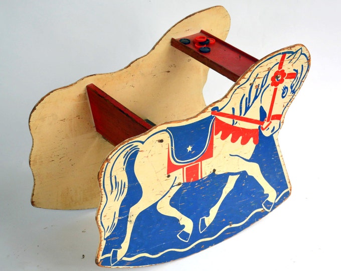 Antique Wooden Rocking Horse Chair Rustic Kids Circus / Carnival Merry
