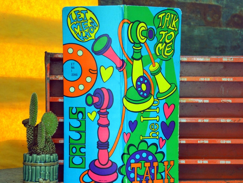 Vintage Psychedelic Telephone Index Directory Tall Oversize Trippy Mod Flower Power Memo Number Address Hardback Book Made In Japan - 