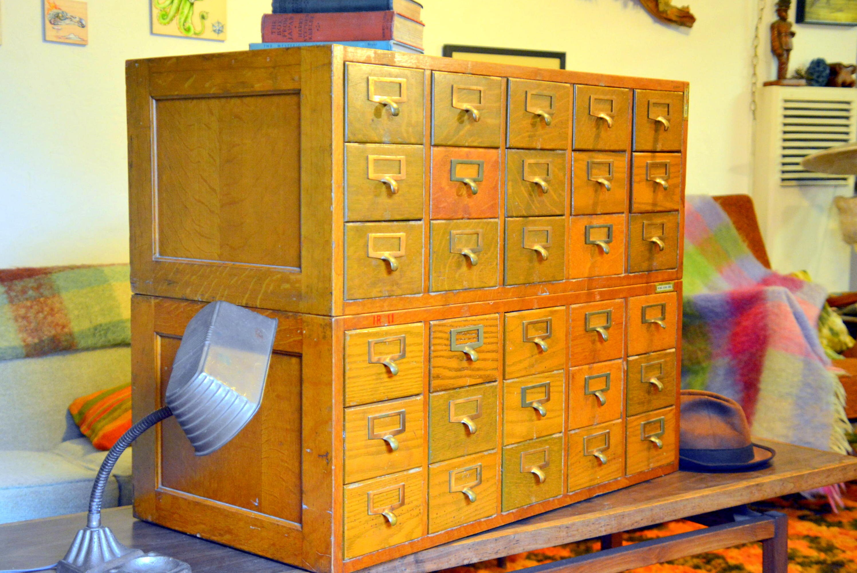 Vintage Library Card Catalog Tiger Oak File Cabinet Rustic Modular Wooden 30 Drwr Storage Organizer Art Supplies Shoes Recipes Sewing