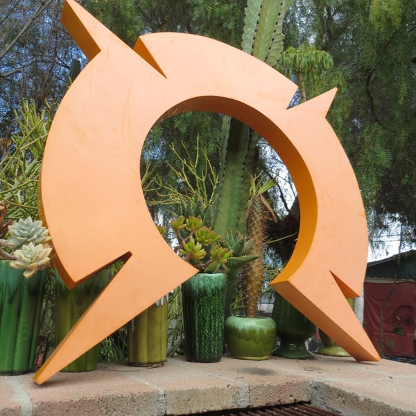 Starburst / Sunburst / Star / Halo / Aura / Sunrise Sign: Very Large, Round & Spiky, Tangerine Orange, Industrial Neon Channel Steel Symbol