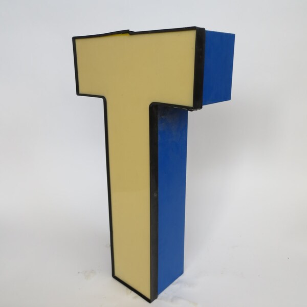 Vintage Marquee Sign Letter Capital 'T': Large Yellow & Blue Wall Hanging Initial - Industrial Neon Channel Advertising Salvage