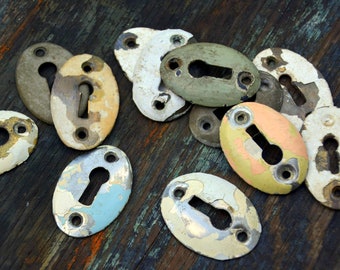 Antique Keyhole Escutcheon Plates Set, One Dozen: Instant Collection of Rustic Oval Metal Key Shields -- Convex, Chippy Paint, Steampunk,