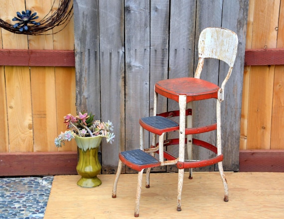 Vintage Industrial Cosco Kitchen Step Stool Chair Rustic Red Etsy