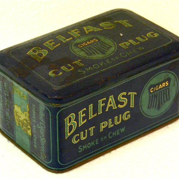 Antique Belfast Cut Plug Tin: Vintage Lithograph Cigar / Chew Tobacco Box