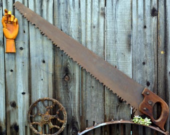 41" Vintage Lumberjack Crosscut Handsaw WARRANTED SUPERIOR: Industrial Steel Logging Hand Saw -- Great Cabin / Lodge / Wall Hanging Decor