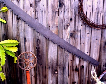 HUGE 63" Two Man Wide Belly Lumberjack Crosscut Saw: Serrated Rustic Industrial Steel Logging Tool with Dark Patina -- Great Wall Hanging