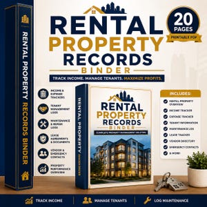 May include: A Rental Property Records Binder with 20 pages in a printable PDF format. The cover features a building image and text including Income & Expense Trackers, Tenant Management Logs, Maintenance & Repair Logs, Lease Agreements, and more.