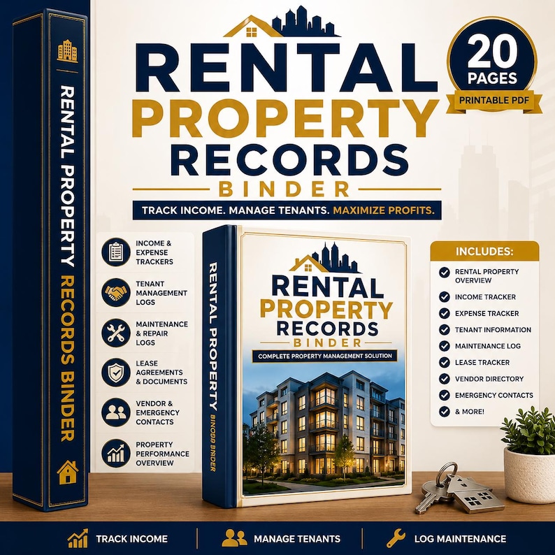 May include: A Rental Property Records Binder with 20 pages in a printable PDF format. The cover features a building image and text including Income & Expense Trackers, Tenant Management Logs, Maintenance & Repair Logs, Lease Agreements, and more.