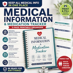 Puede incluir: Un rastreador imprimible de información médica y medicamentos. La portada presenta el título "Medical Information & Medication Tracker" con un gráfico de corazón. Incluye secciones para información personal, medicamentos, historial médico, citas y horario diario. Perfecto para adultos, personas mayores, familias y cuidadores.
