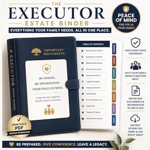 Może przedstawiać: Granatowy segregator majątkowy zatytułowany "The Executor Estate Binder" ze złotymi literami. Segregator zawiera spis treści i sekcję na ważne dokumenty. Okładka zawiera tekst "My Wishes. My Information. Their Peace of Mind."