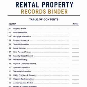 May include: A Rental Property Records Binder table of contents page featuring a dark blue house icon, the title in dark blue and gold text, and a numbered list of eighteen sections including Property Profile, Mortgage, and Maintenance Log.