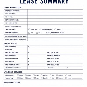 May include: A white lease summary form with dark blue text and a house icon at the top. The document includes sections for lease information, rental terms, utilities and services, additional terms, and notes with blank lines and checkboxes.