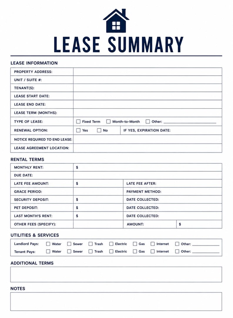 May include: A white lease summary form with dark blue text and a house icon at the top. The document includes sections for lease information, rental terms, utilities and services, additional terms, and notes with blank lines and checkboxes.