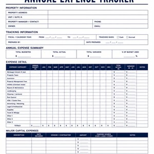 May include: A white annual expense tracker document with dark blue headers and a house icon. It includes sections for property information, tracking details, an annual expense summary, a detailed monthly expense grid, capital expenses, and notes.
