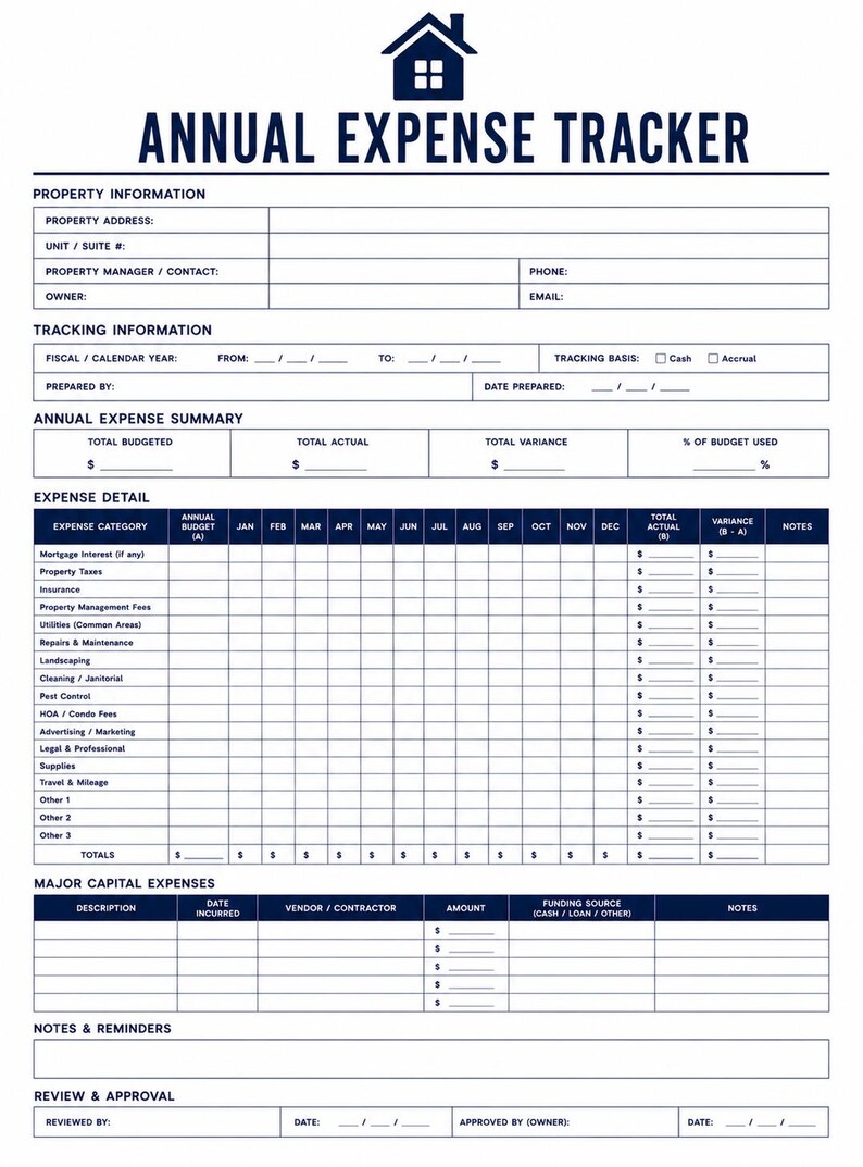 May include: A white annual expense tracker document with dark blue headers and a house icon. It includes sections for property information, tracking details, an annual expense summary, a detailed monthly expense grid, capital expenses, and notes.