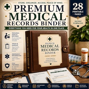 May include: A brown leather-look binder labeled Premium Medical Records Binder with a snap closure. The set includes printable pages for personal health records, medication lists, and emergency contacts, alongside a stethoscope and pill organizer.