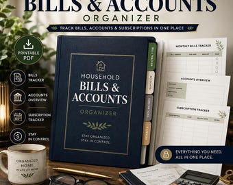 Household Bills Tracker, Accounts Organizer, Subscription Log (PDF)