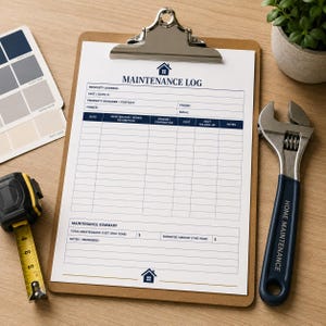 May include: A brown clipboard holding a white maintenance log form with blue text and a house icon. The form includes fields for property details, a repair table, and a summary. Beside it are a yellow tape measure, a wrench, and a color swatch card.