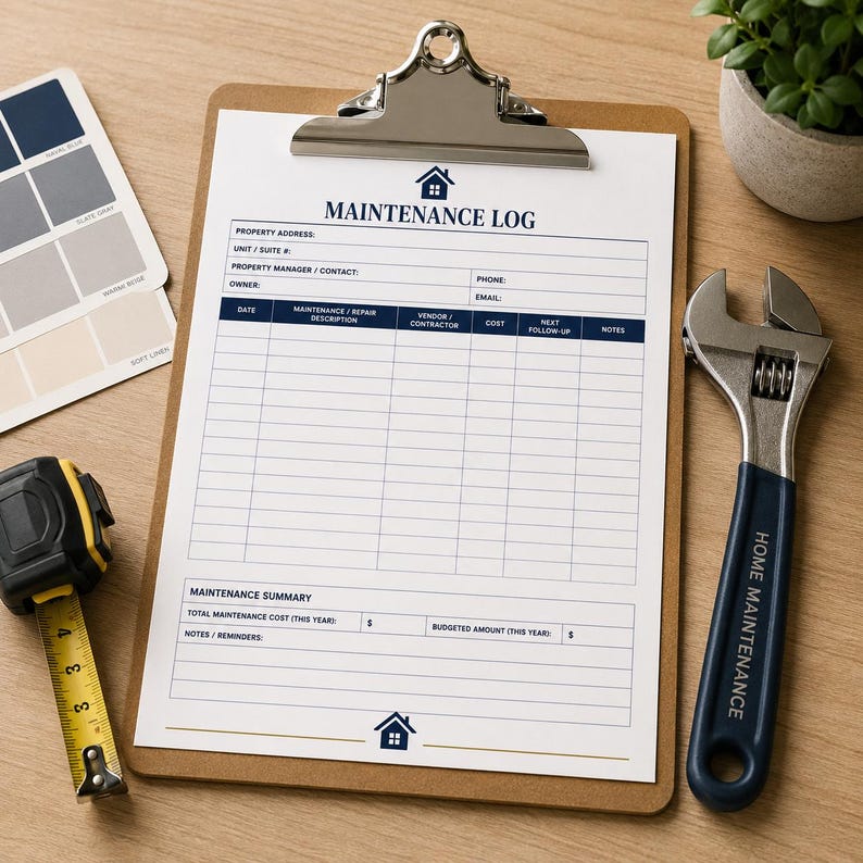 May include: A brown clipboard holding a white maintenance log form with blue text and a house icon. The form includes fields for property details, a repair table, and a summary. Beside it are a yellow tape measure, a wrench, and a color swatch card.