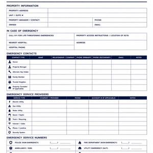 May include: A white emergency contacts form with dark blue text and icons. Sections include property information, emergency contacts, service providers, and emergency numbers. The header features a house icon and the title EMERGENCY CONTACTS.