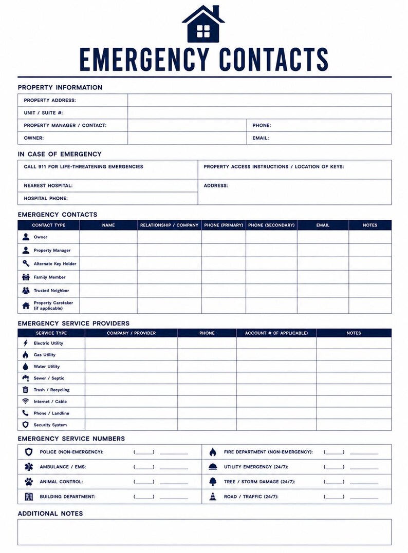 May include: A white emergency contacts form with dark blue text and icons. Sections include property information, emergency contacts, service providers, and emergency numbers. The header features a house icon and the title EMERGENCY CONTACTS.