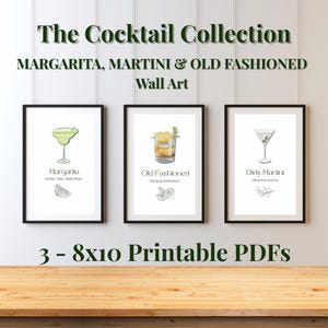 カクテルウォールアートプリント – マルガリータ、マティーニ、オールドファッション – 8x10 印刷可能なバーデコレーション – ドリンクアートセット – PDF をすぐにダウンロード