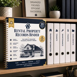 May include: A dark blue spiral-bound Rental Property Records Binder with a house illustration and text listing sections for property information, lease and tenant trackers, income and expense logs, maintenance trackers, and a vendor directory.