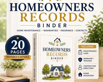 Homeowners Records Binder Printable PDF | Home Maintenance Log, Appliance Warranty Tracker, Home Inventory Planner
