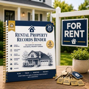 May include: A spiral-bound rental property records binder with a dark blue and white cover featuring a house illustration and text including Rental Property Records Binder, 20 Printable Pages, and Plan, Track, Maintain, Protect, with a set of metal keys.
