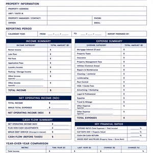 May include: A white document titled INCOME & EXPENSE SUMMARY with a dark blue house icon. It features sections for Property Information, Reporting Period, Income Summary, Expense Summary, Net Operating Income, Cash Flow, Key Financial Ratios, Year-Over-Year Comparison, and Notes.